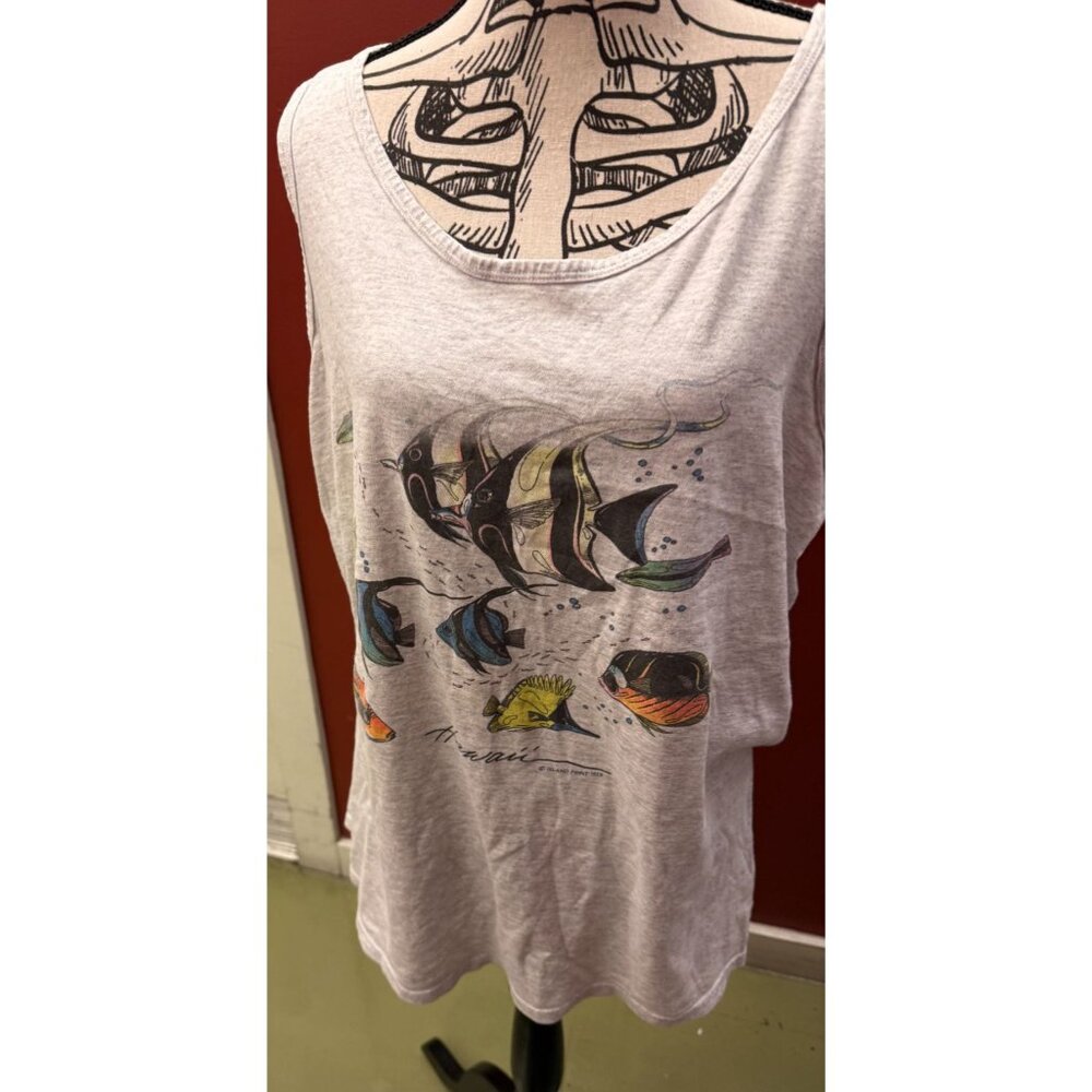 VTG Gray Heathered Tank Top with Tropical Fish, "Hawaii" Faded Graphic on Front